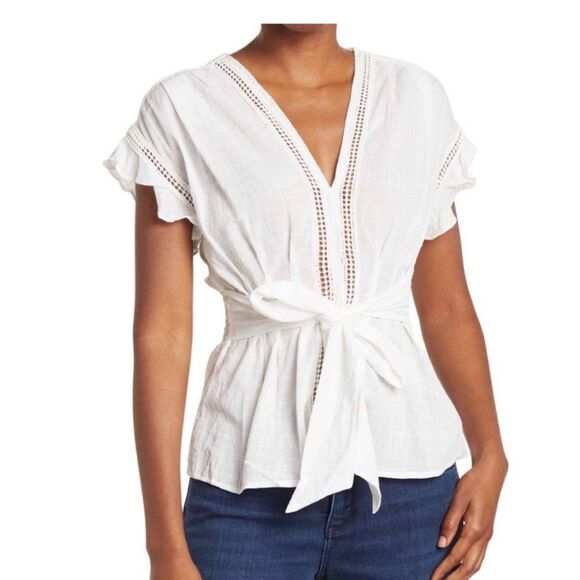 Max Studio White V-Neck Tie-Front Top Blouse L Cotton Ruffle Sleeves Boho Y2K - Picture 1 of 7